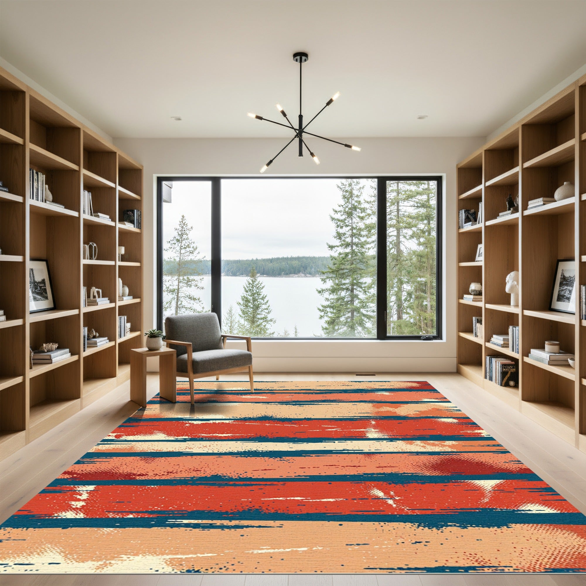 Distressed Burnt Orange Teal Horizontal Stripe Rug