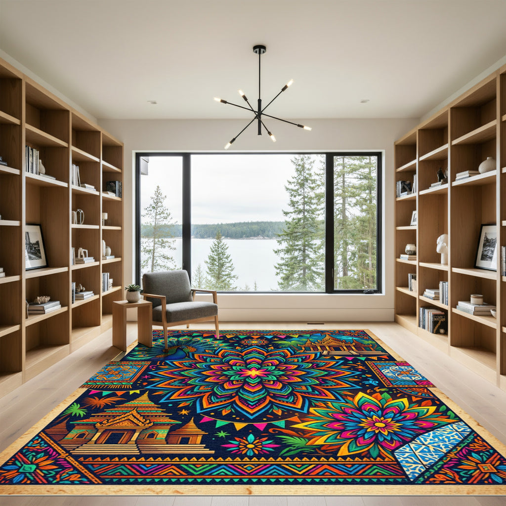 Vibrant Teal Peacock Mandala Temple Rug