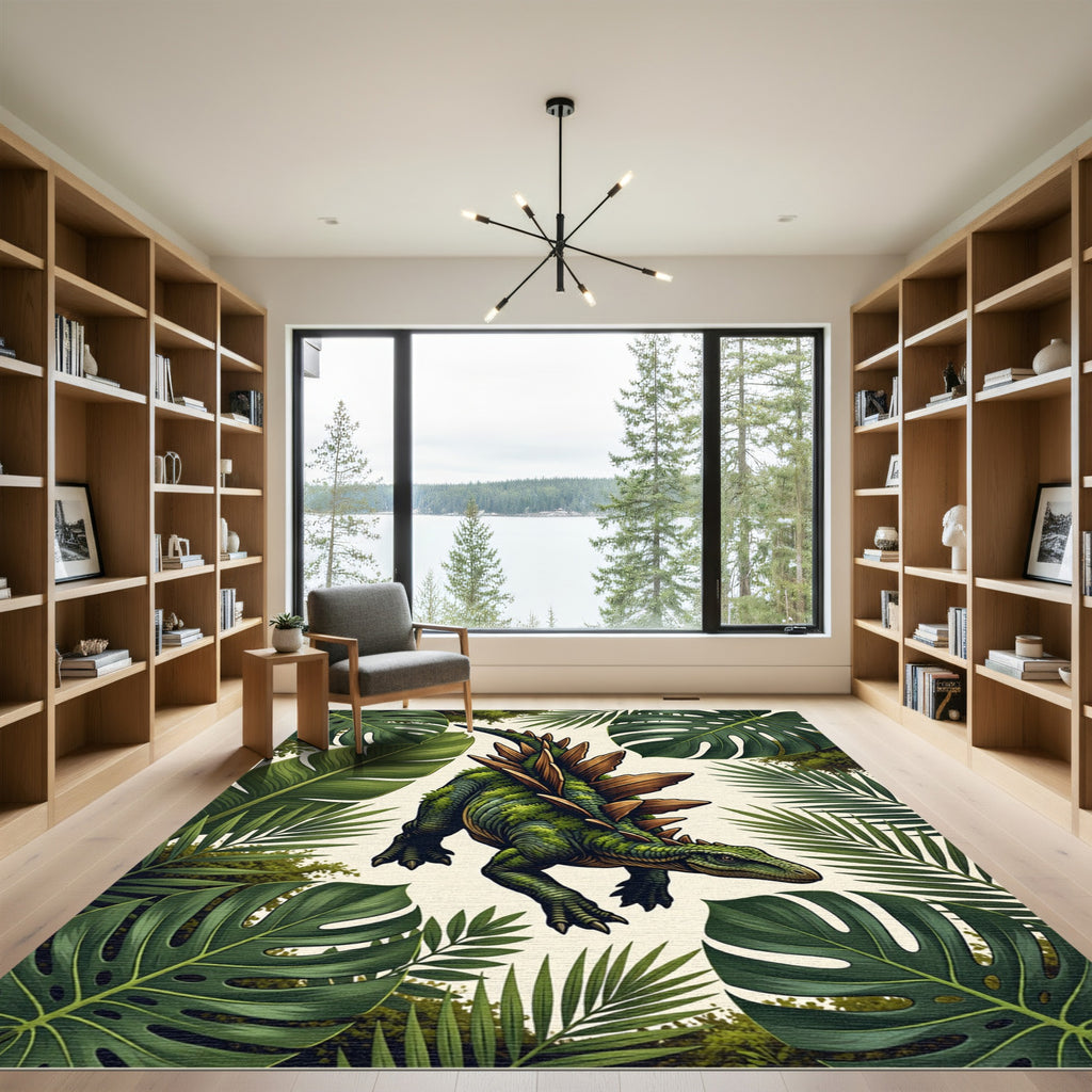Lush Green Dinosaur Tropical Foliage Rug