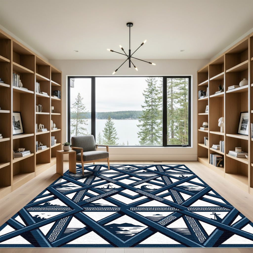 Navy Nautical Greek Key Geometric Grid Rug