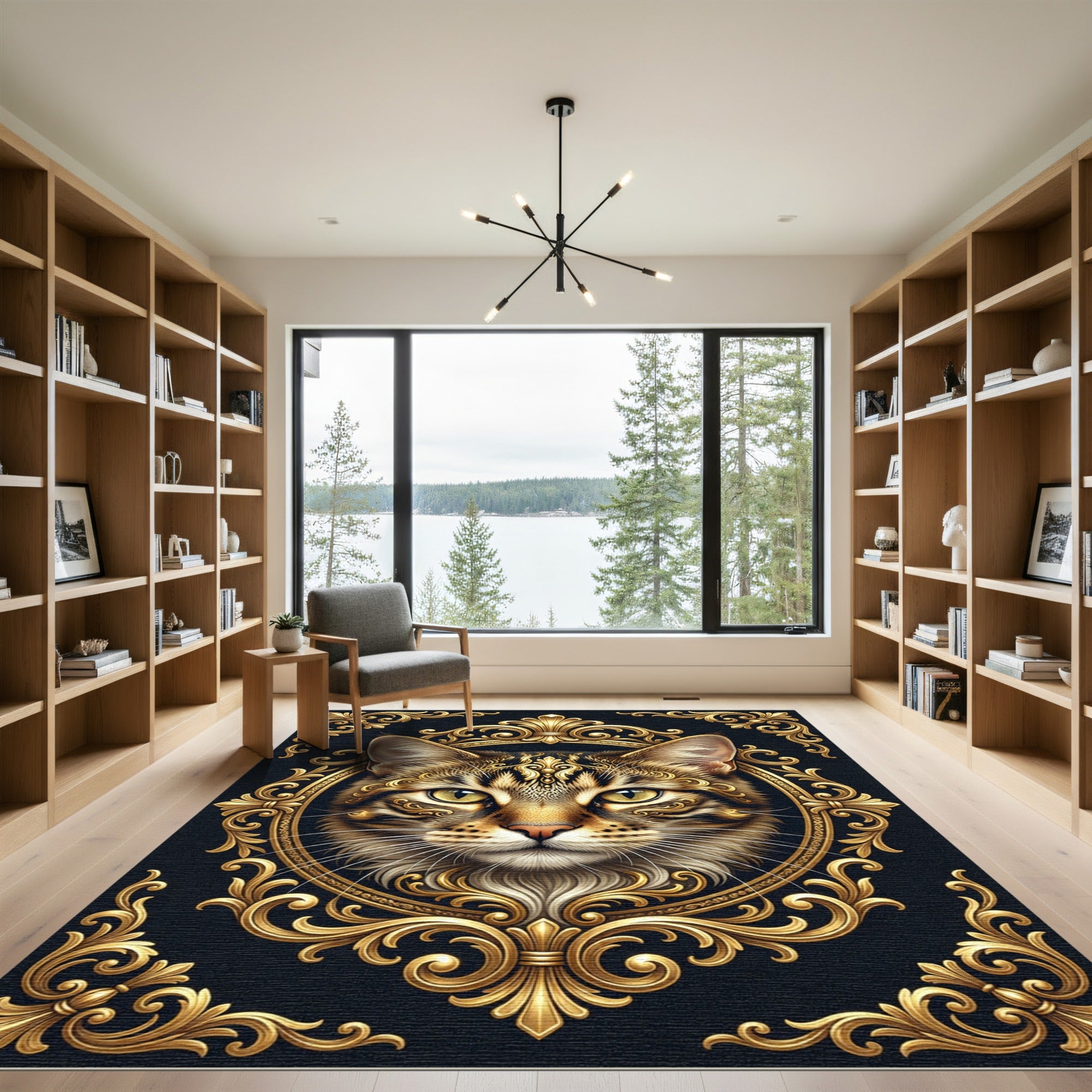 Regal Golden Cat Ornate Frame Rug