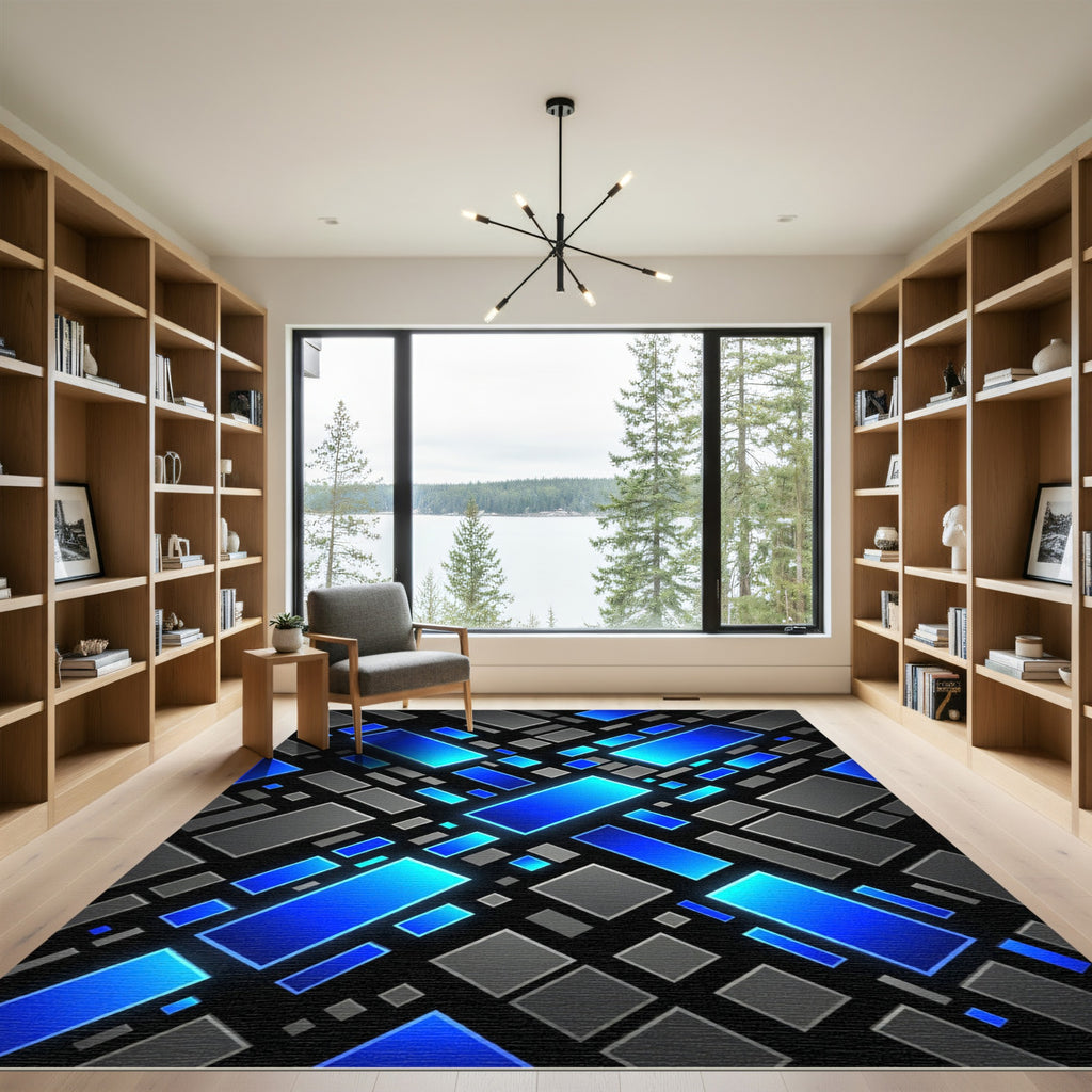 Electric Blue Geometric Cyber Grid Rug