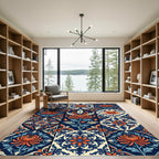 Ornate Navy and Orange Chrysanthemum Tile Rug