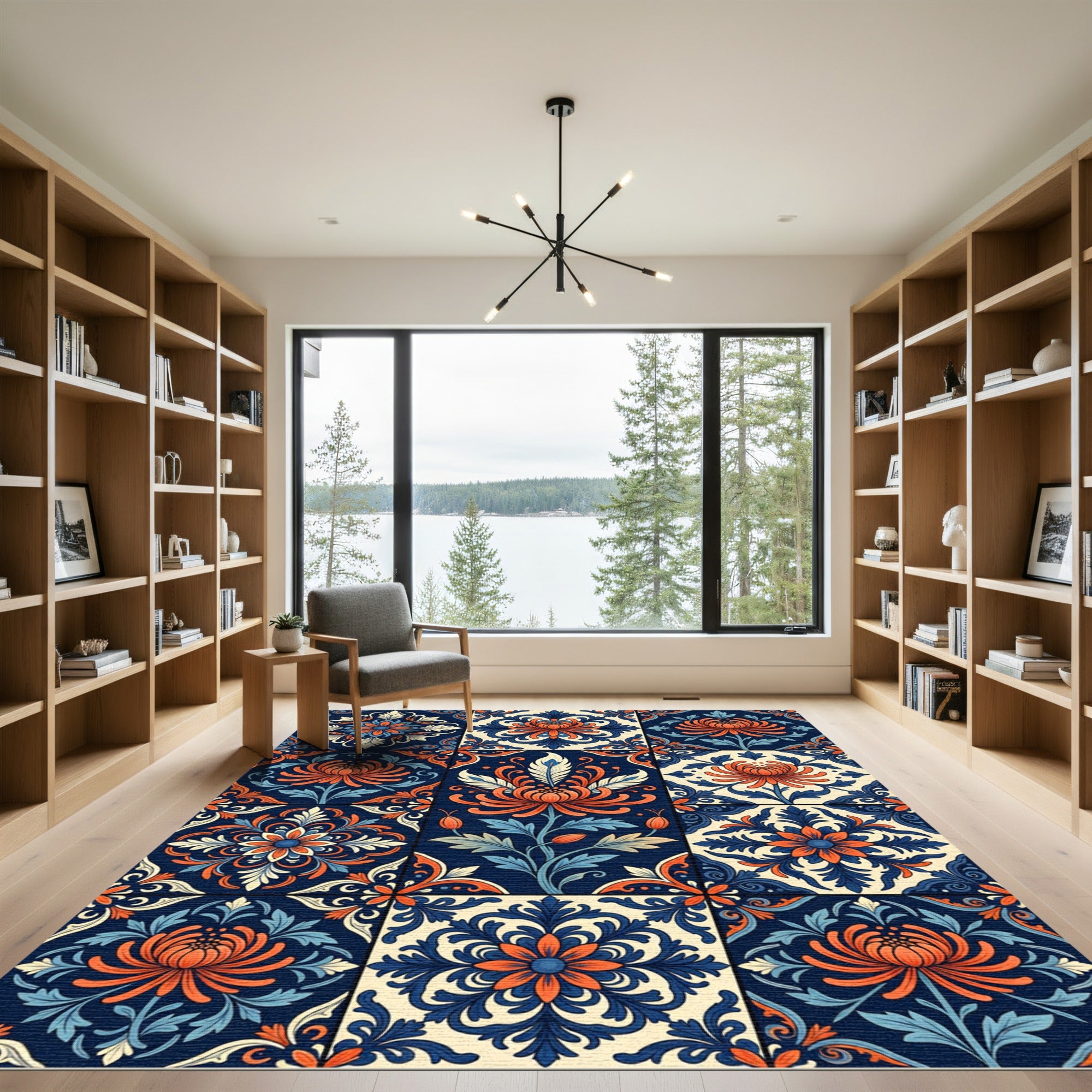Ornate Navy and Orange Chrysanthemum Tile Rug