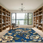 Peony Floral Blue Botanical Arrangement Rug