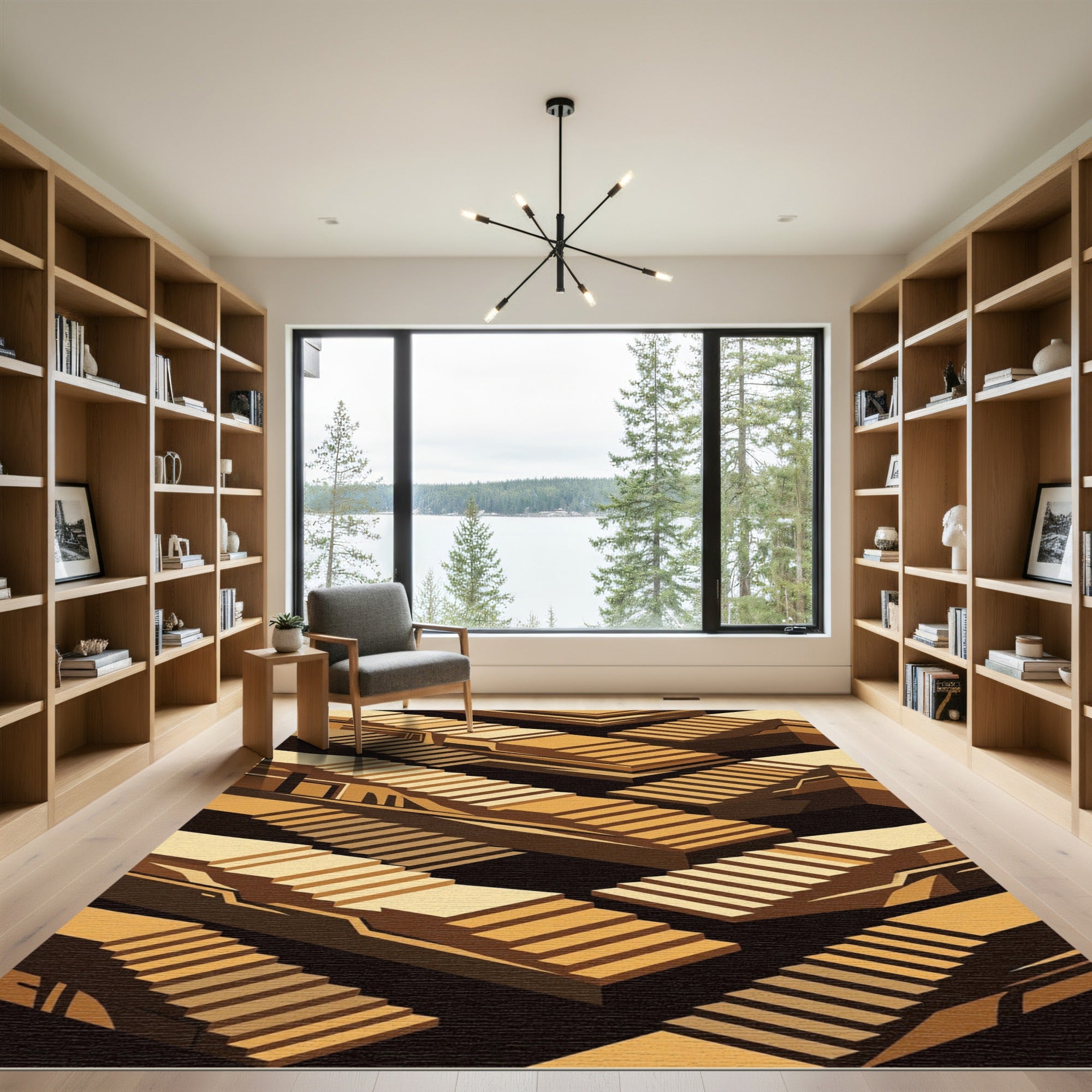 Golden Abstract Ascending Geometric Steps Rug