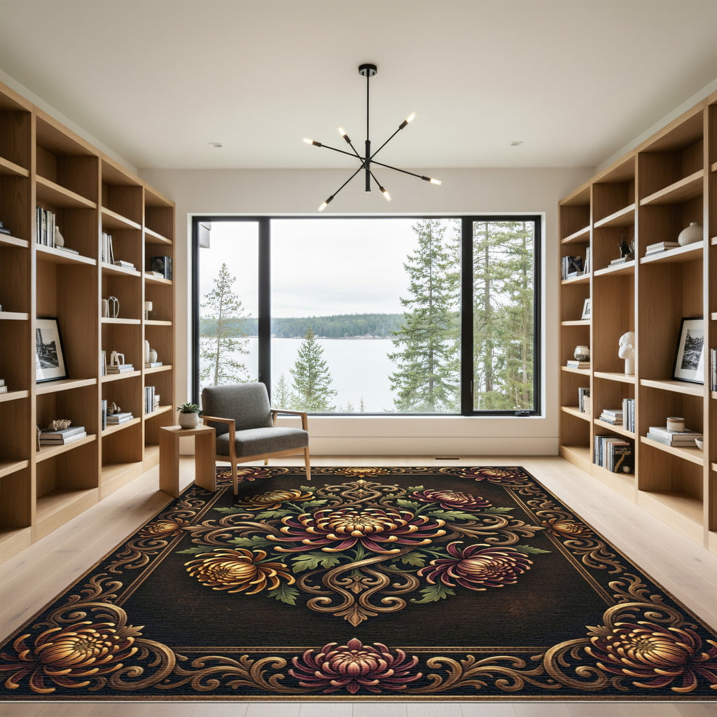 Ornate Gold Floral Chrysanthemum Scroll Rug
