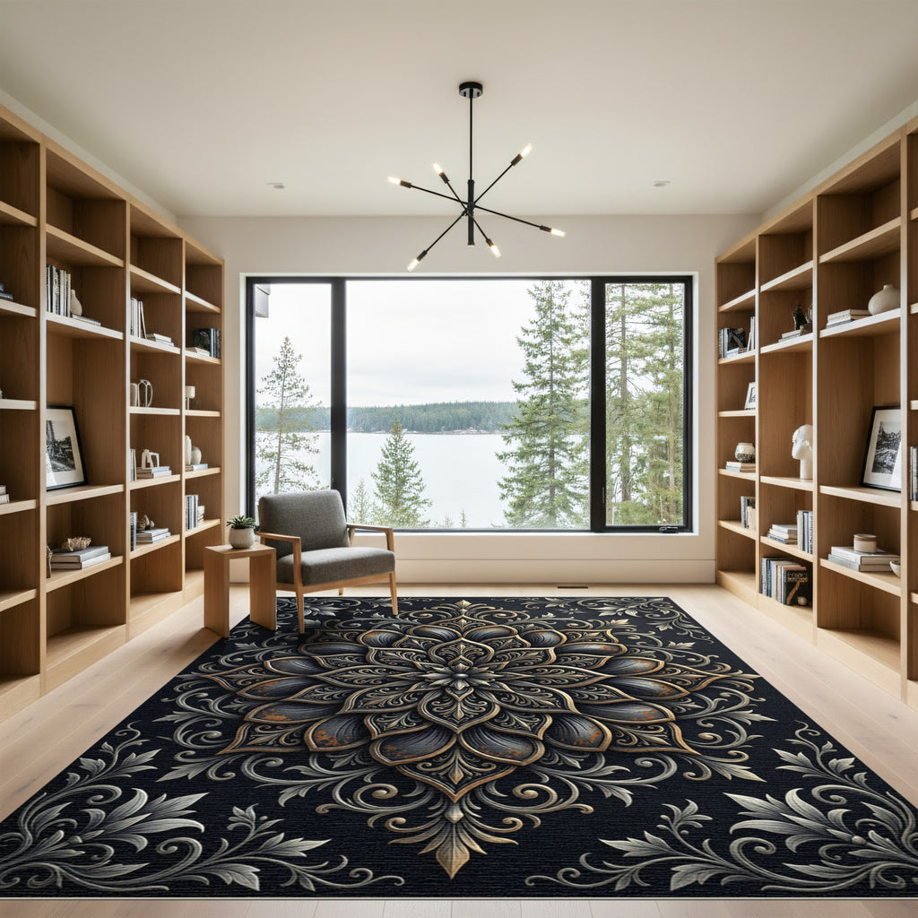 Ornate Black Golden Floral Medallion Rug