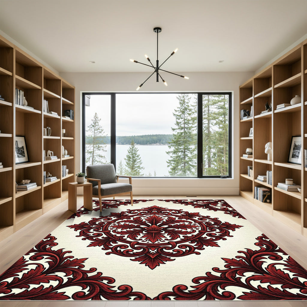 Crimson Baroque Scrollwork Ornate Medallion Rug