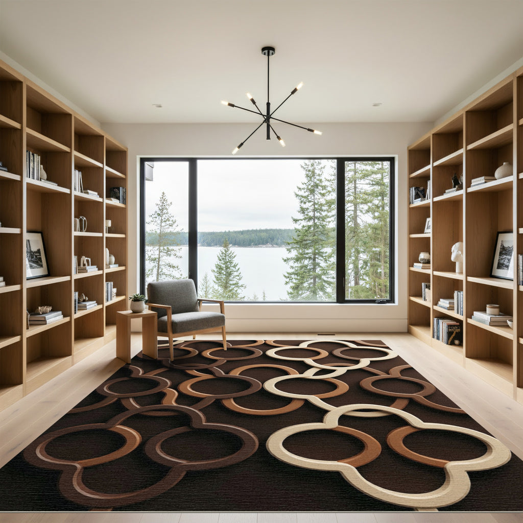 Sculpted Earthy Brown Interlocking Geometric Ring Rug