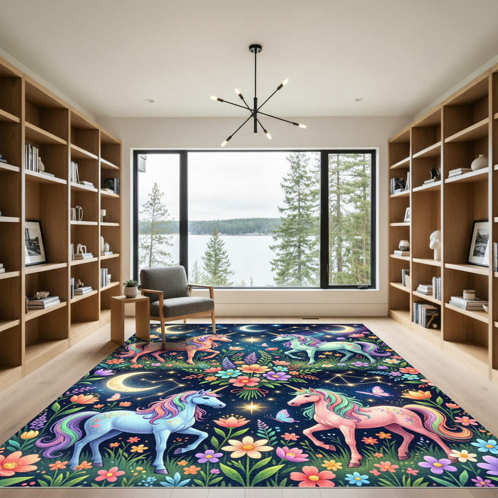 Whimsical Celestial Unicorn Floral Garden Rug
