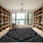 Sophisticated Silver Charcoal Ornate Damask Rug