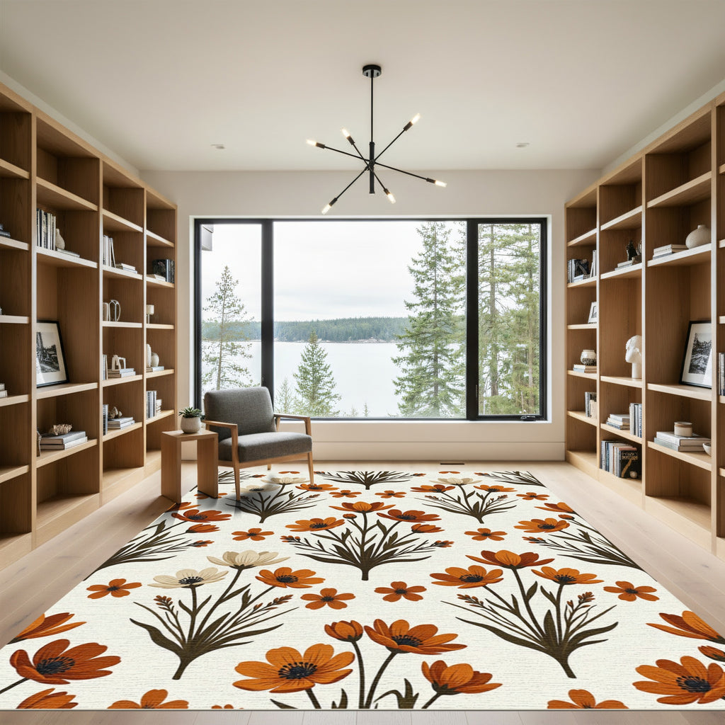 Autumnal Burnt Orange Botanical Floral Rug