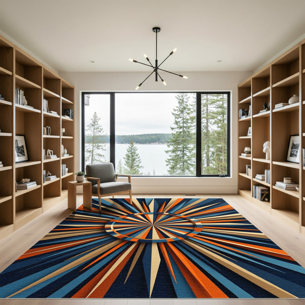 Geometric Retro Sunburst Navy Orange Rug