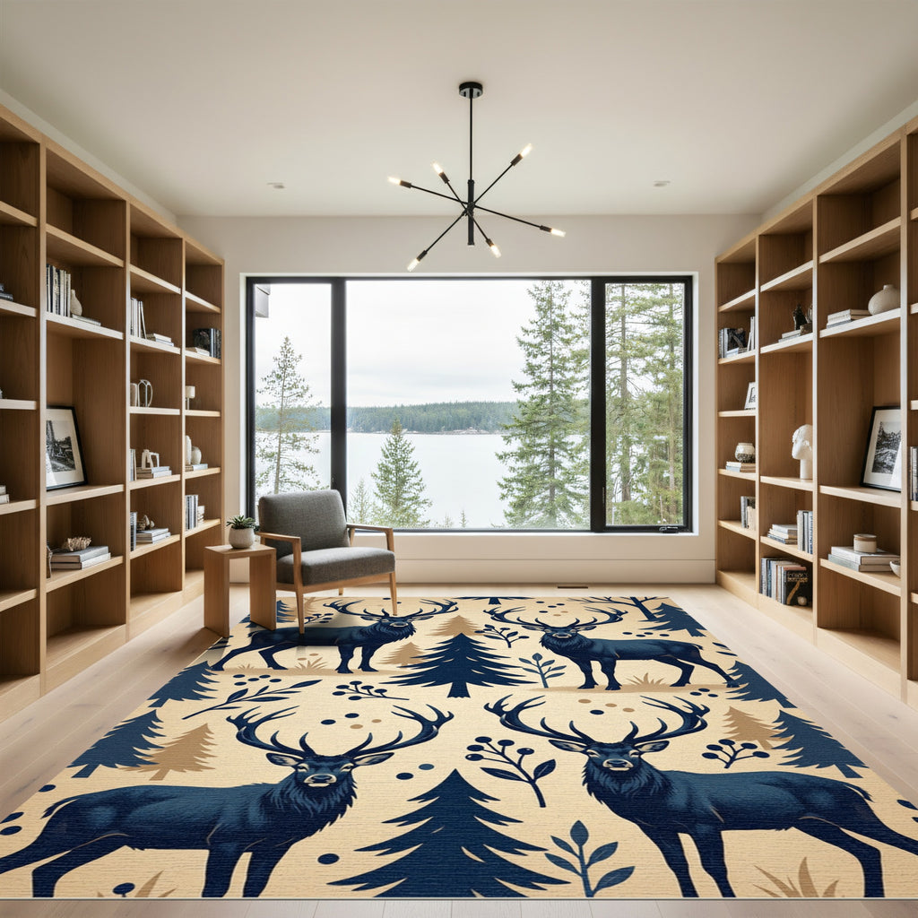 Midnight Forest Stag Cream Nordic Rug