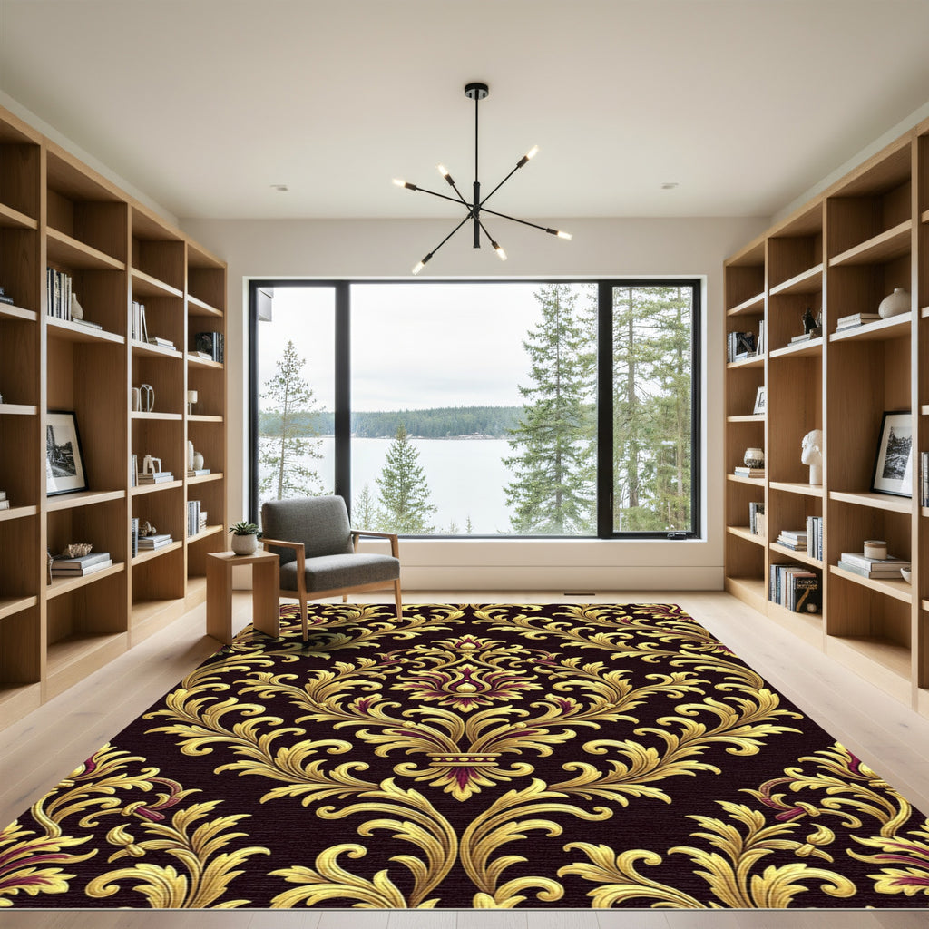 Rich Gold Burgundy Damask Flourish Rug