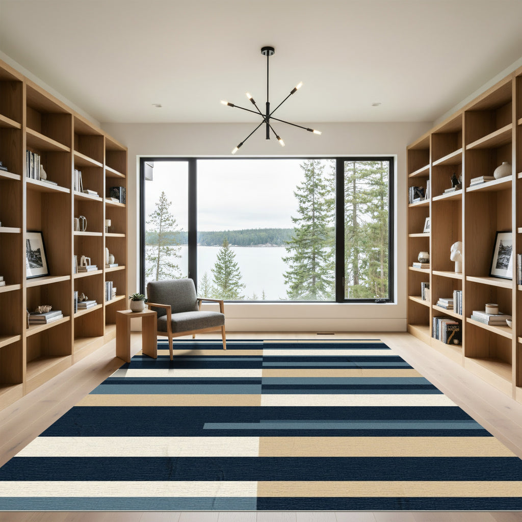 Navy Beige Striped Geometric Accent Rug