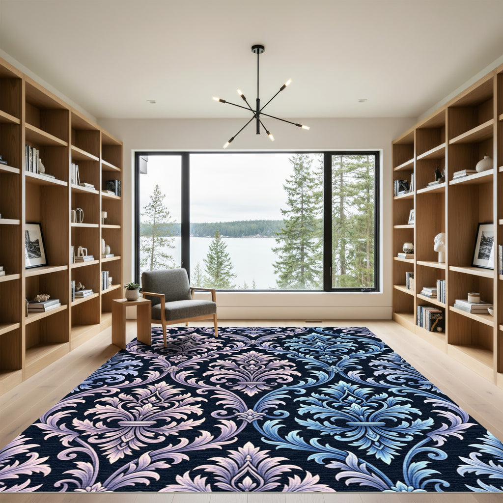 Elegant Blue Pink Damask Flourish Rug