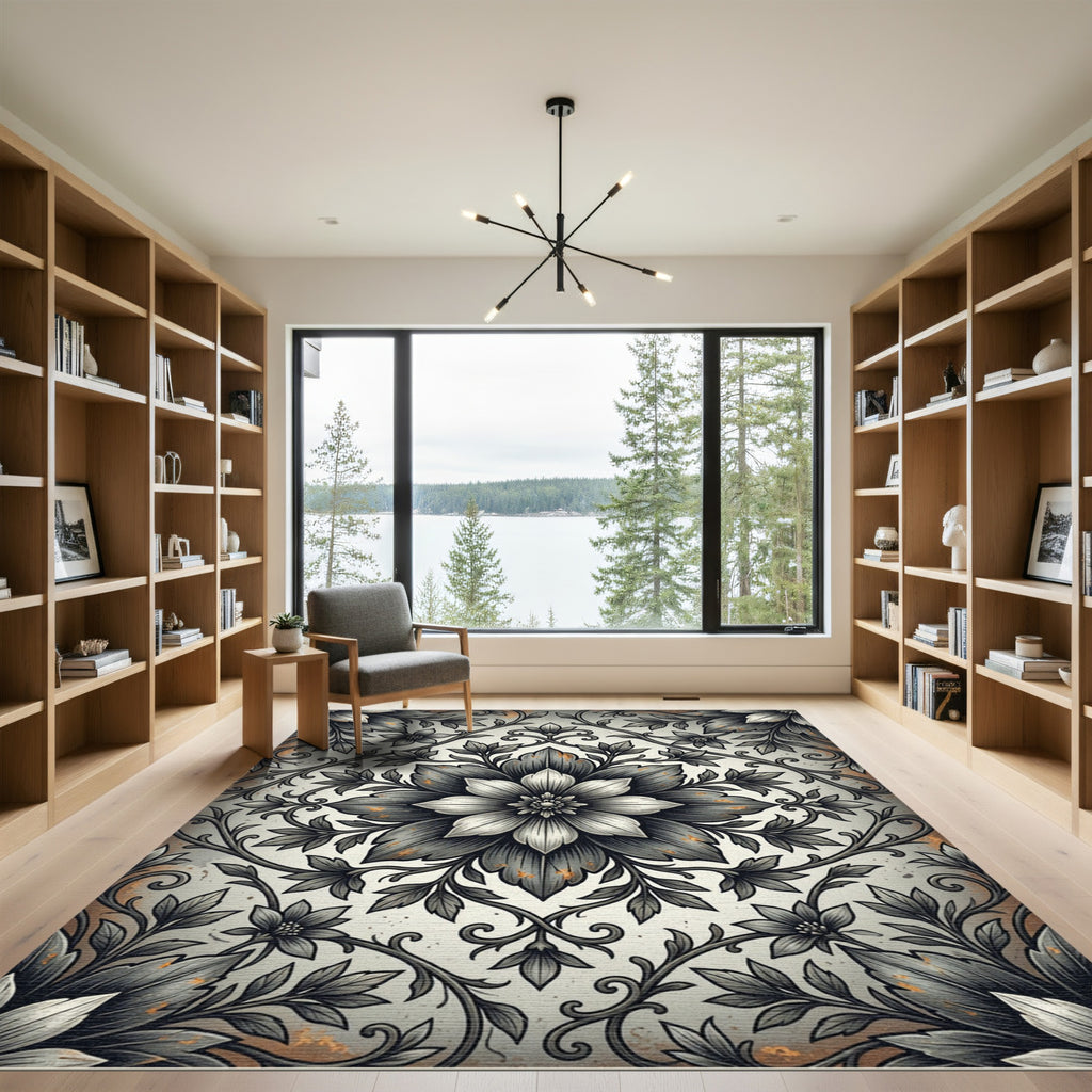 Sophisticated Charcoal Floral Damask Scroll Rug