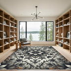 Sophisticated Charcoal Floral Damask Scroll Rug
