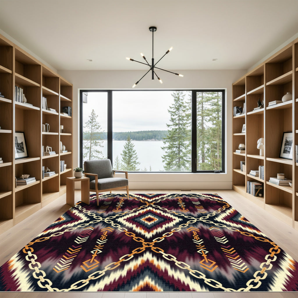 Chic Maroon Geometric Chain Link Tapestry Rug