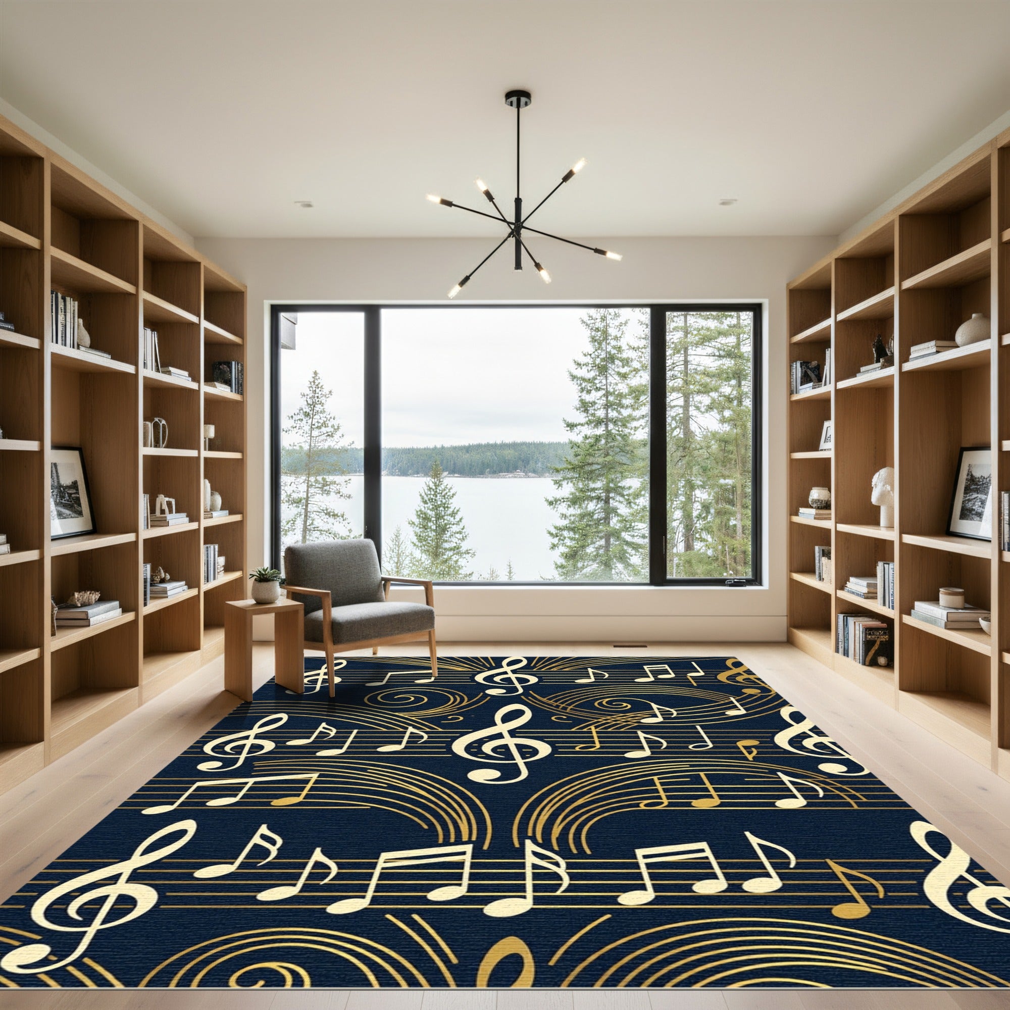 Golden Musical Notes on Navy Blue Rug