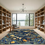 Golden Chinoiserie Floral Pagoda Navy Rug