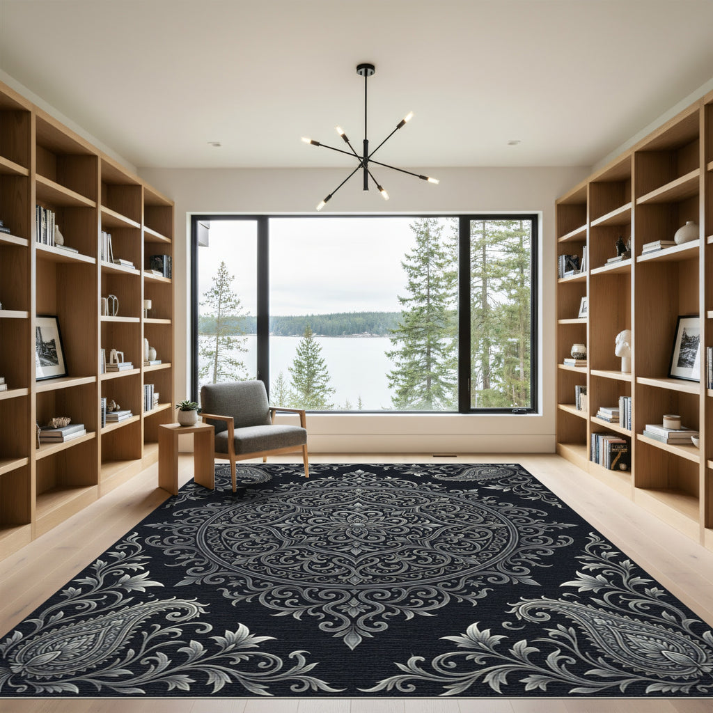 Ornate Silver Paisley Mandala Rug