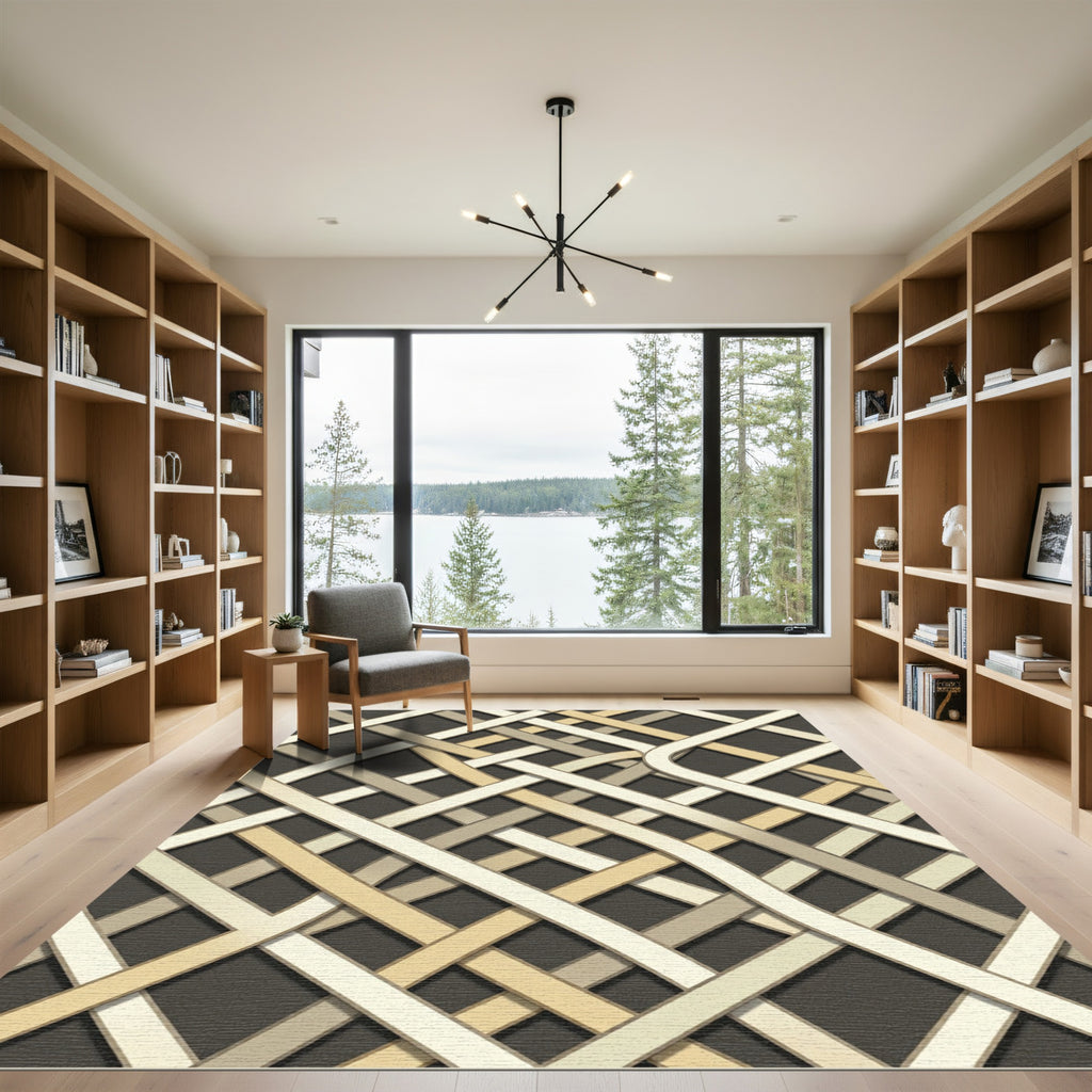 Neutral Interwoven Cream and Taupe Grid Rug