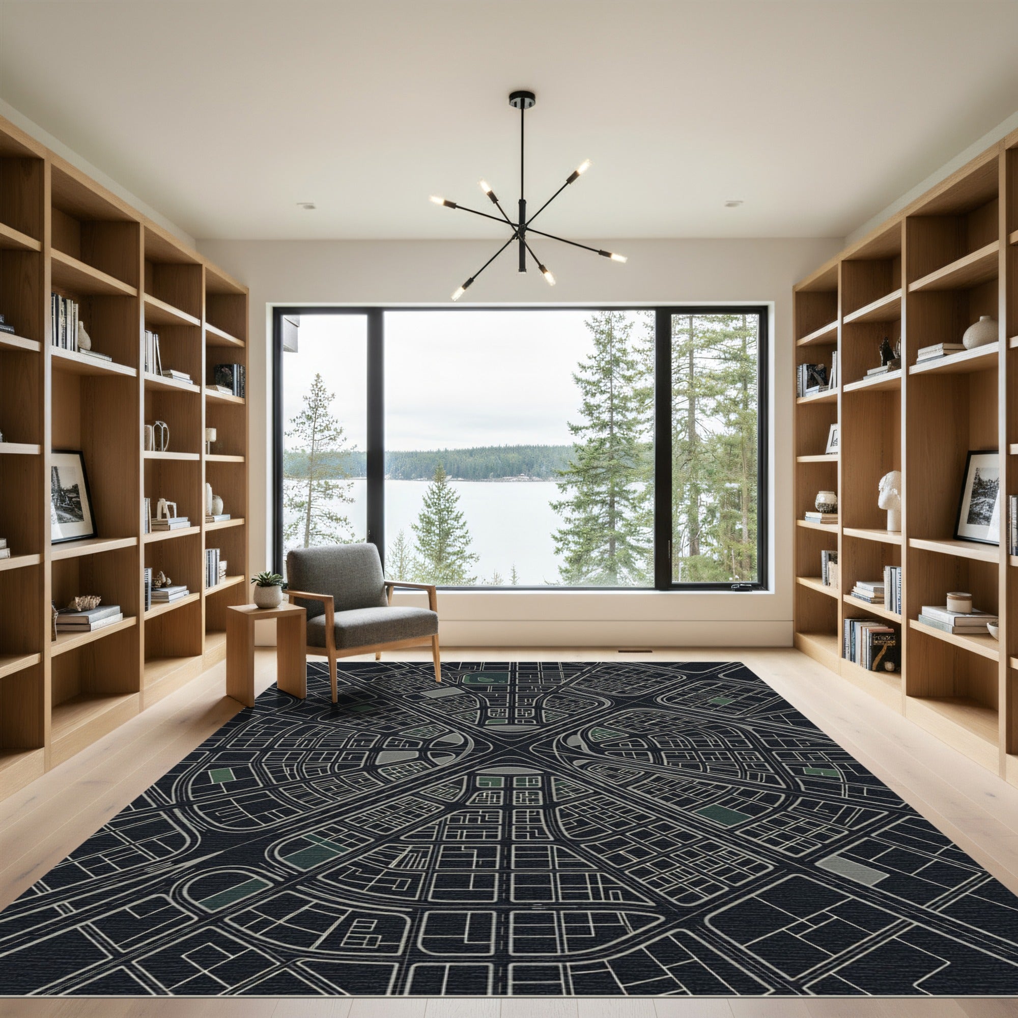 Abstract Cityscape Black White Grid Rug