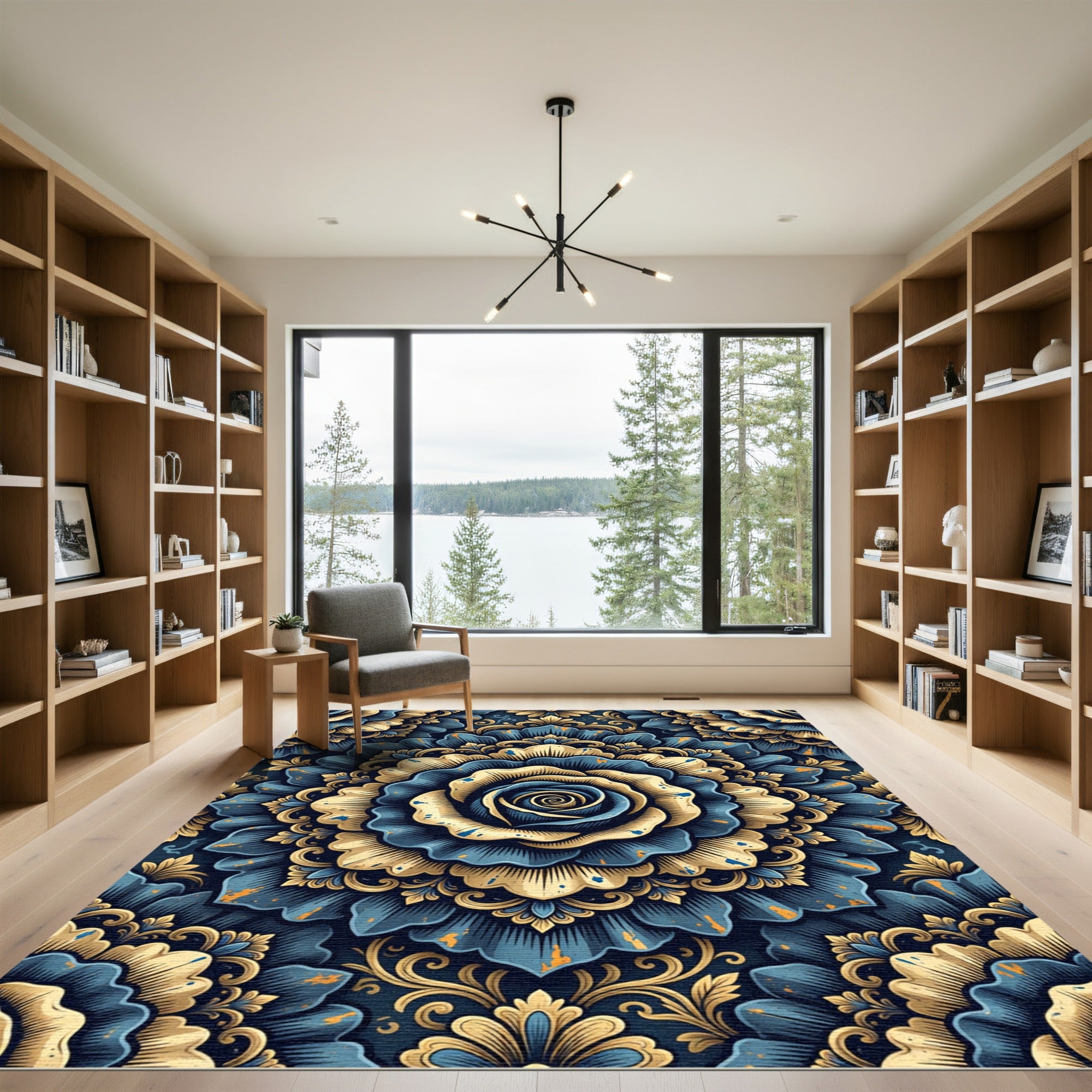 Ornate Blue and Gold Floral Mandala Rug