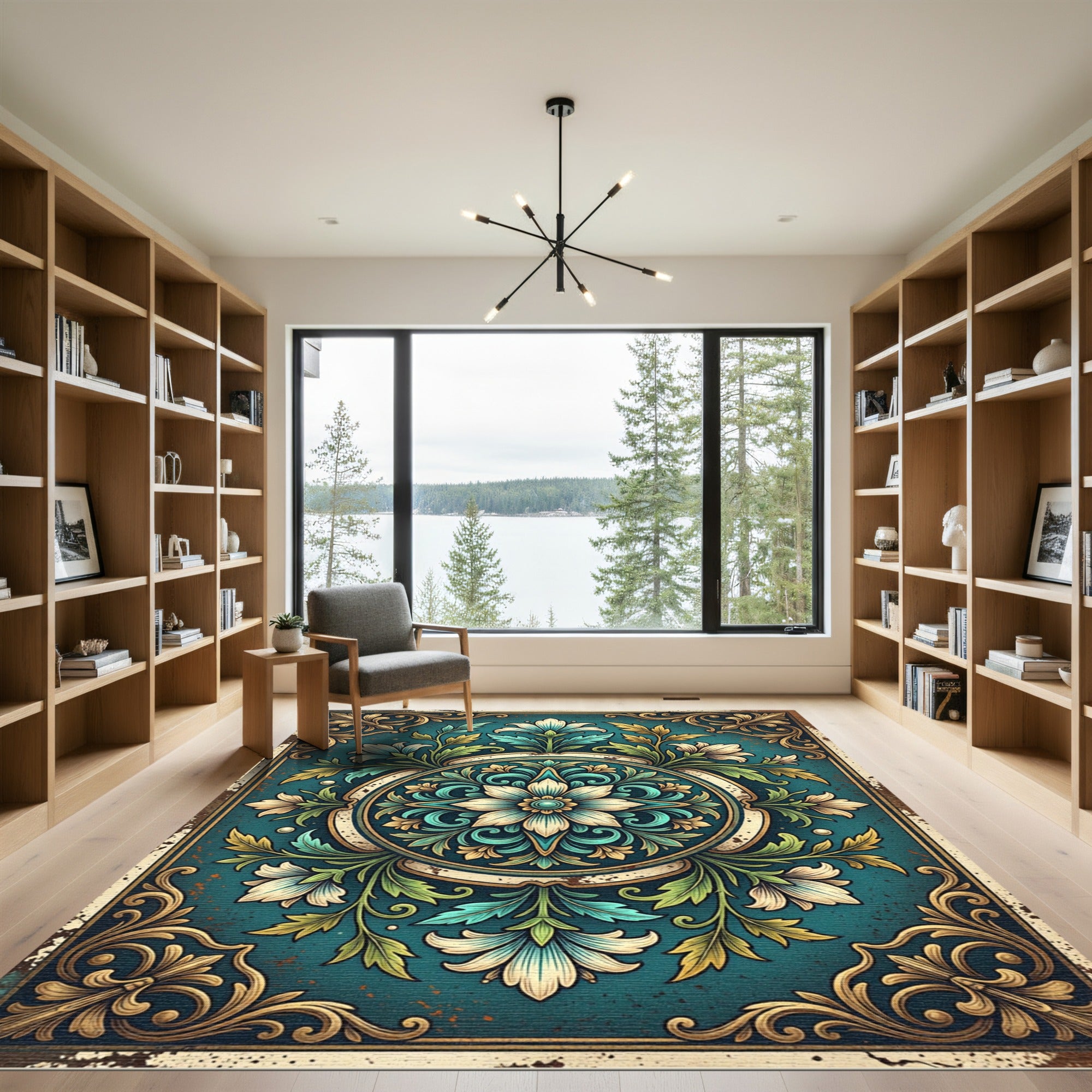 Ornate Teal Floral Damask Medallion Rug