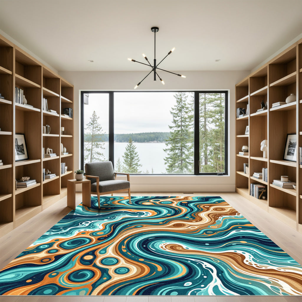 Dynamic Teal Orange Swirl Abstract Rug