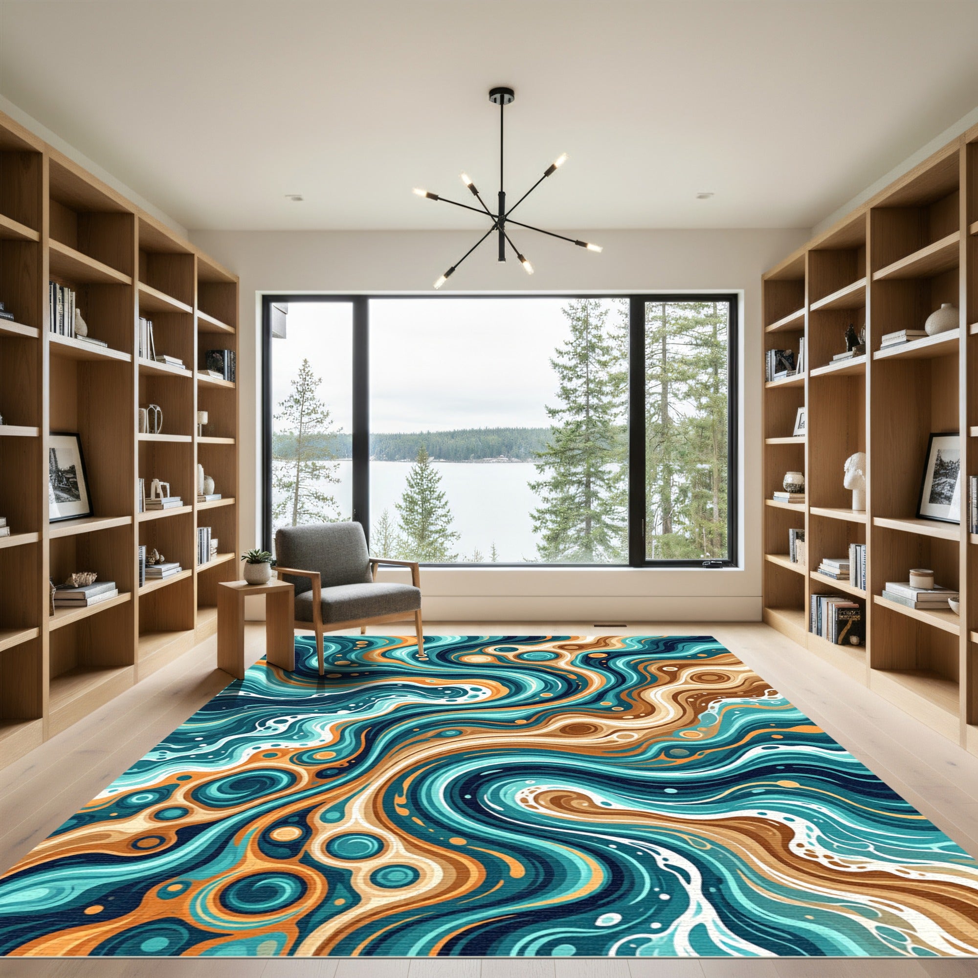 Dynamic Teal Orange Swirl Abstract Rug