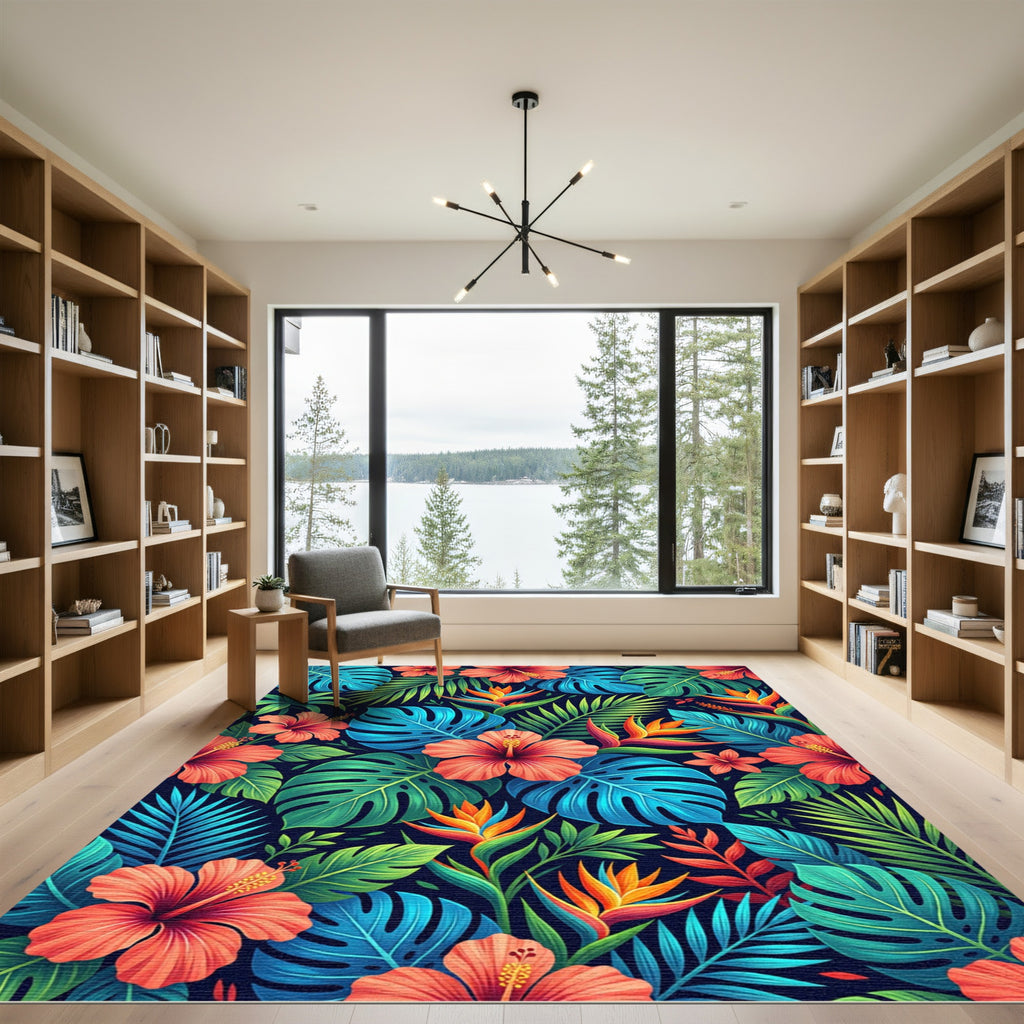 Vibrant Tropical Hibiscus and Monstera Leaves Rug