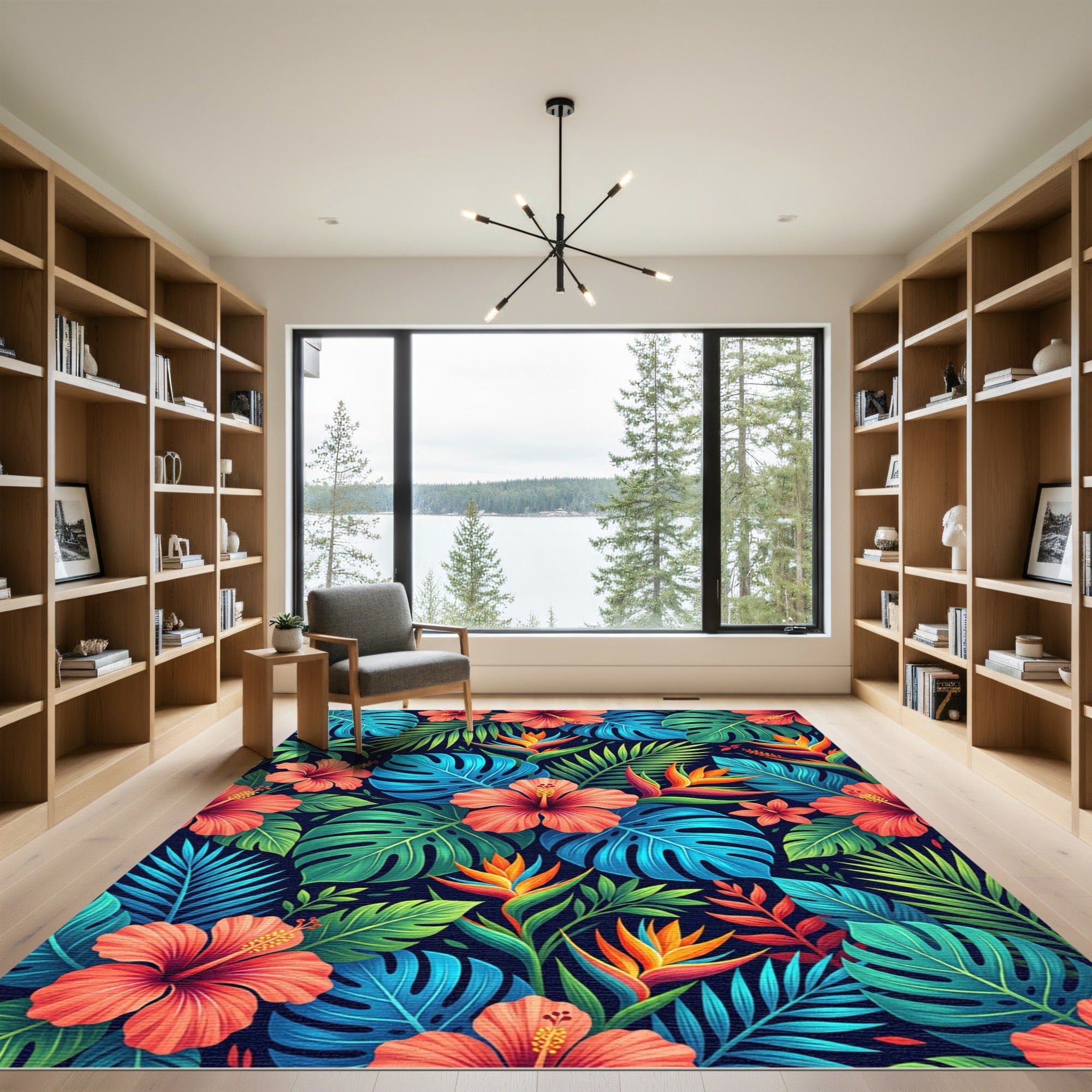 Vibrant Tropical Hibiscus and Monstera Leaves Rug