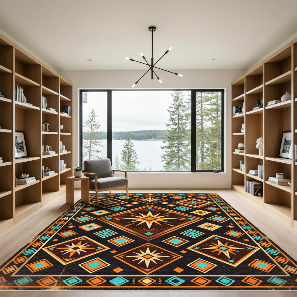 Geometric Starry Navy and Amber Mosaic Rug