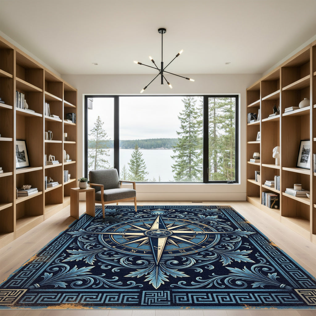 Ornate Navy Compass Rose Filigree Rug