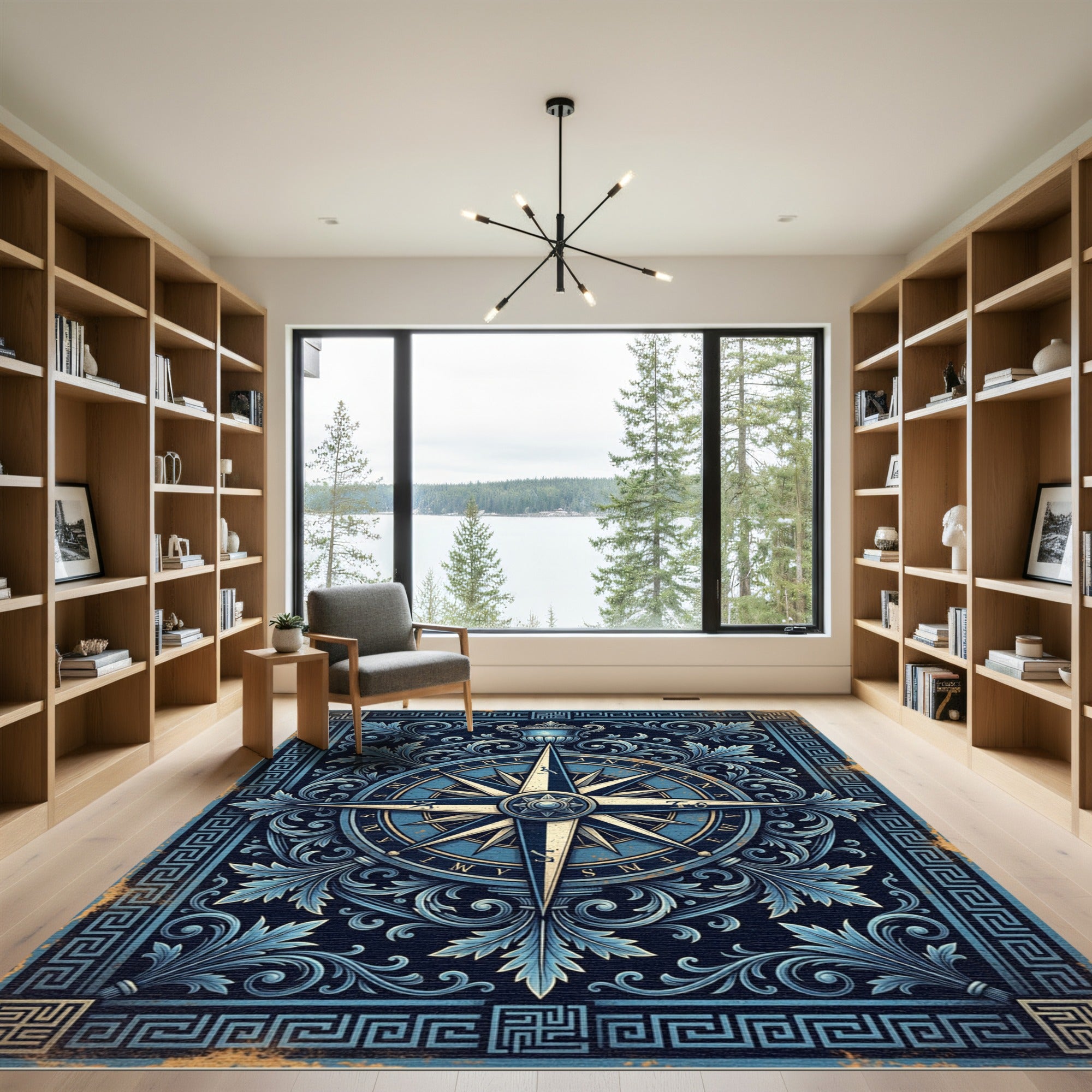 Ornate Navy Compass Rose Filigree Rug