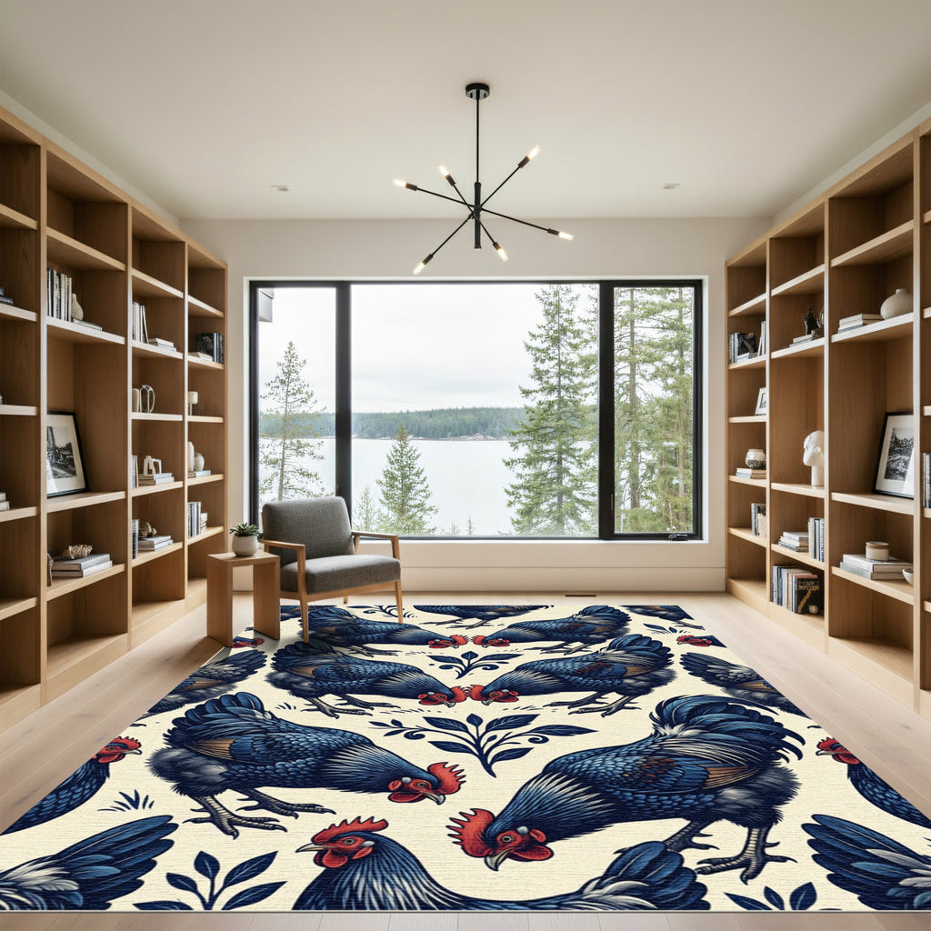 Folk Art Indigo Rooster Floral Tile Rug