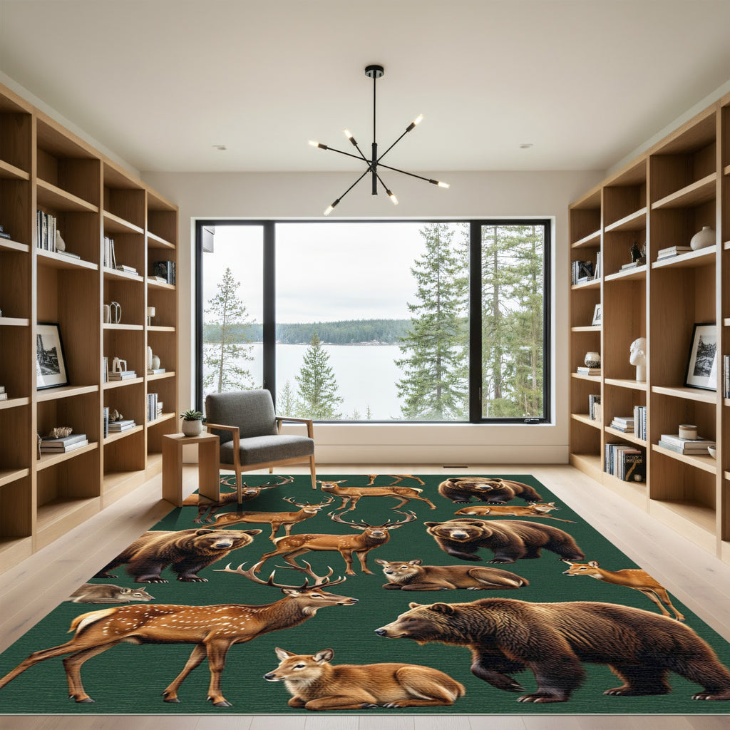 Arboreal Forest Bear and Deer Composition Rug