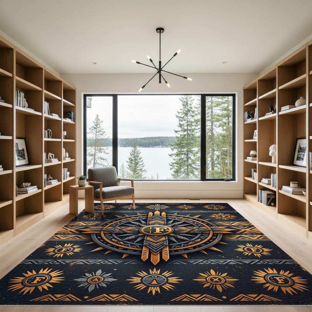 Golden Celestial Compass Geometric Art Rug