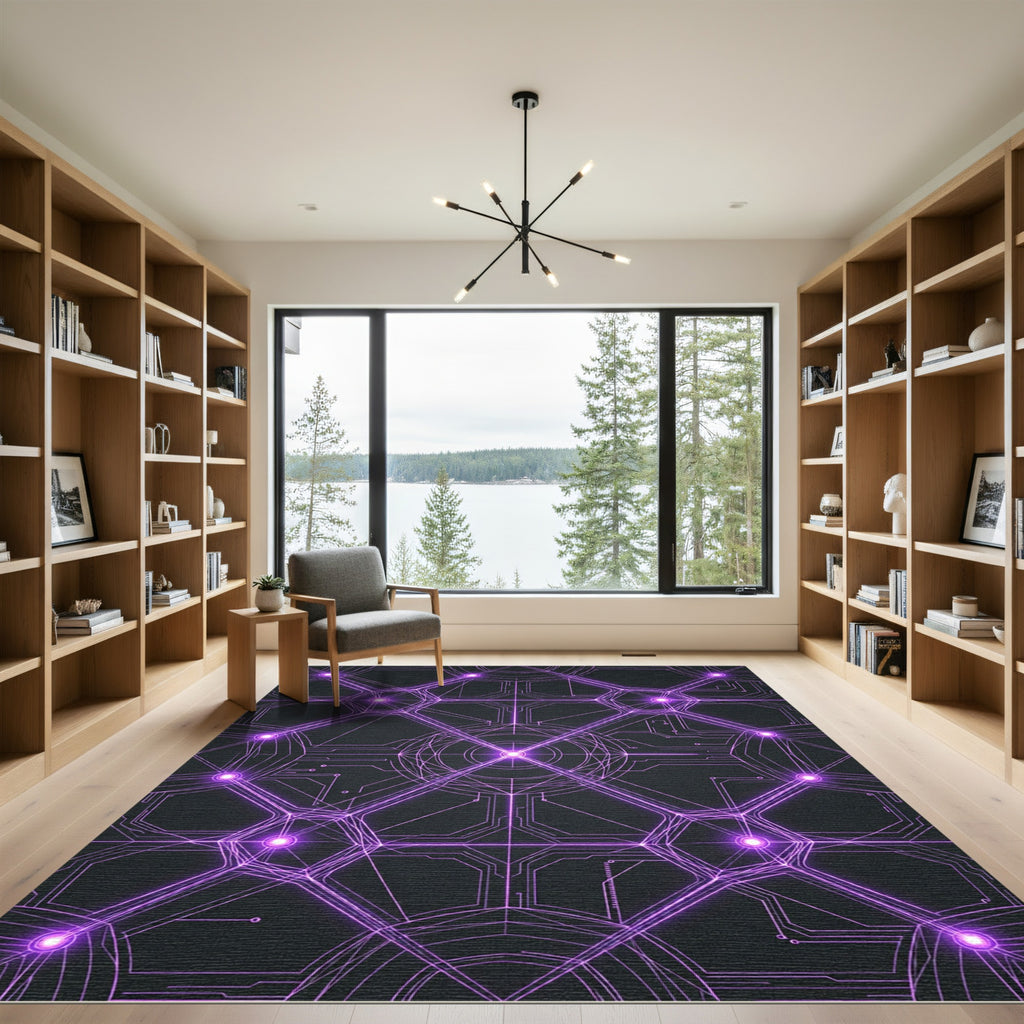 Neon Ultraviolet Circuit Geometric Grid Rug