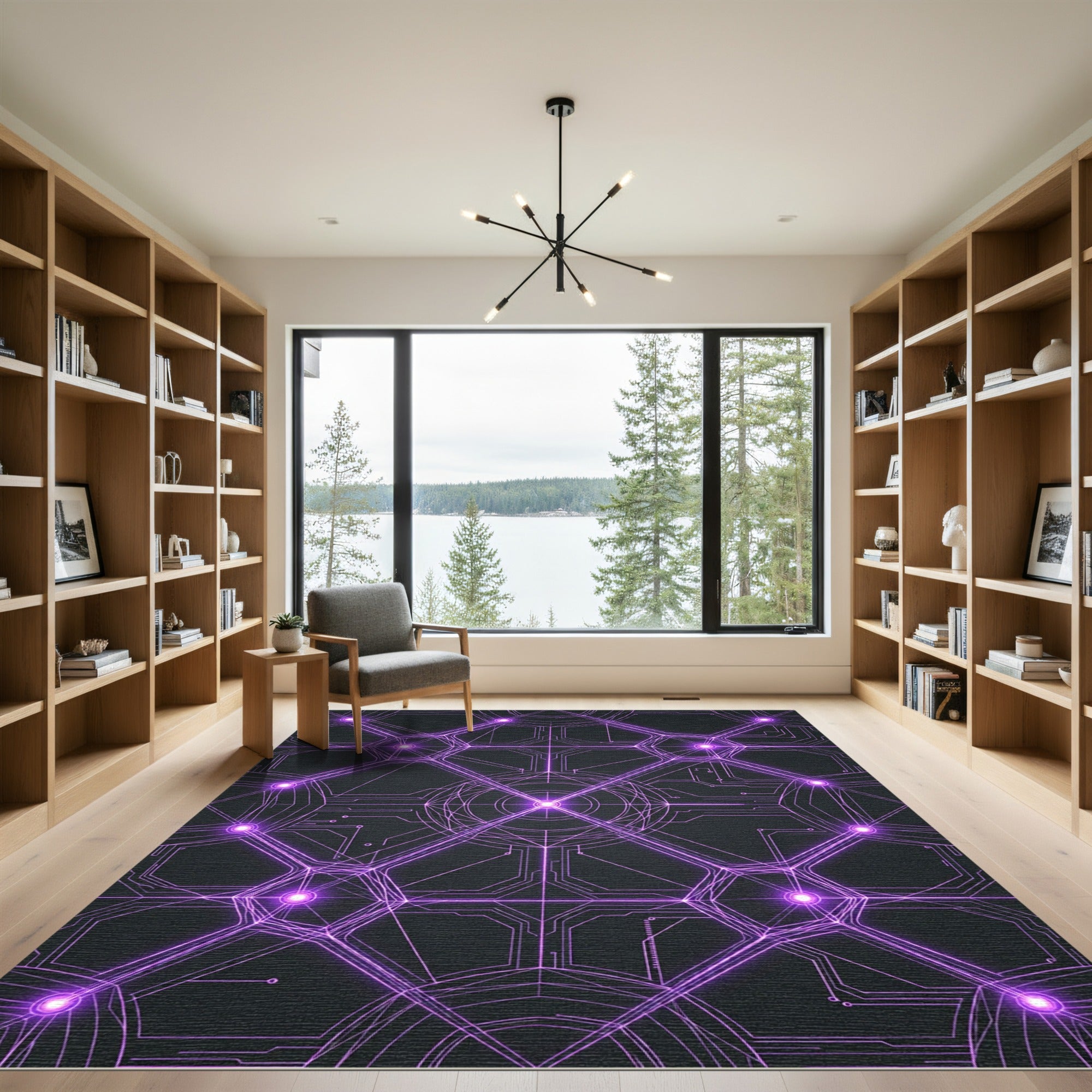 Neon Ultraviolet Circuit Geometric Grid Rug