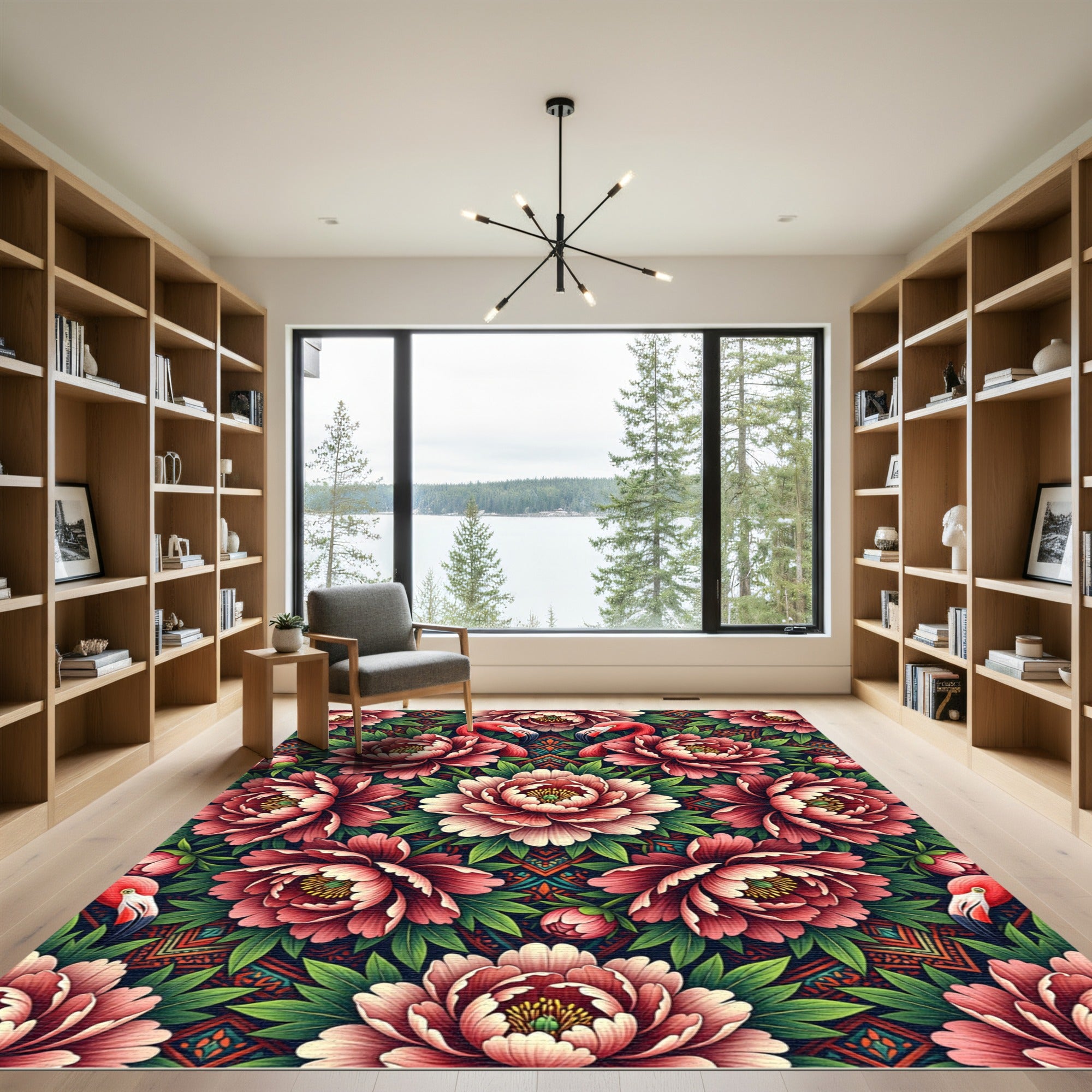 Flamingo Floral Peony Symmetry Art Rug