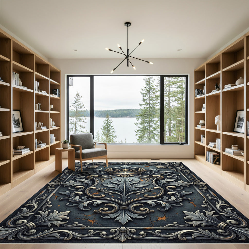 Regal Silver Filigree Crown Emblem Rug