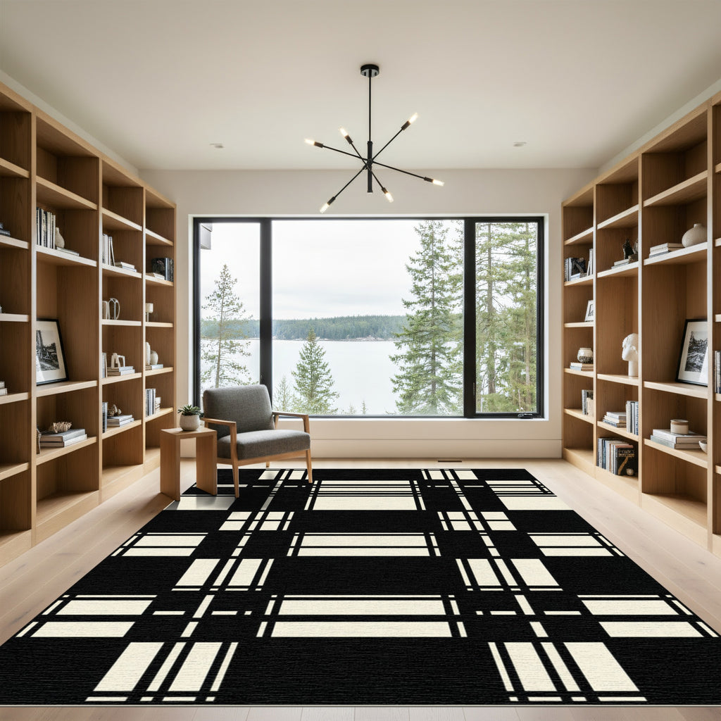 Modern Black and Beige Grid Tartan Rug