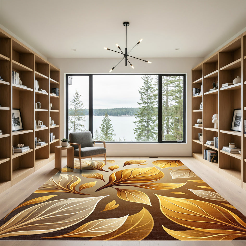 Golden Floating Foliage Botanical Arrangement Rug