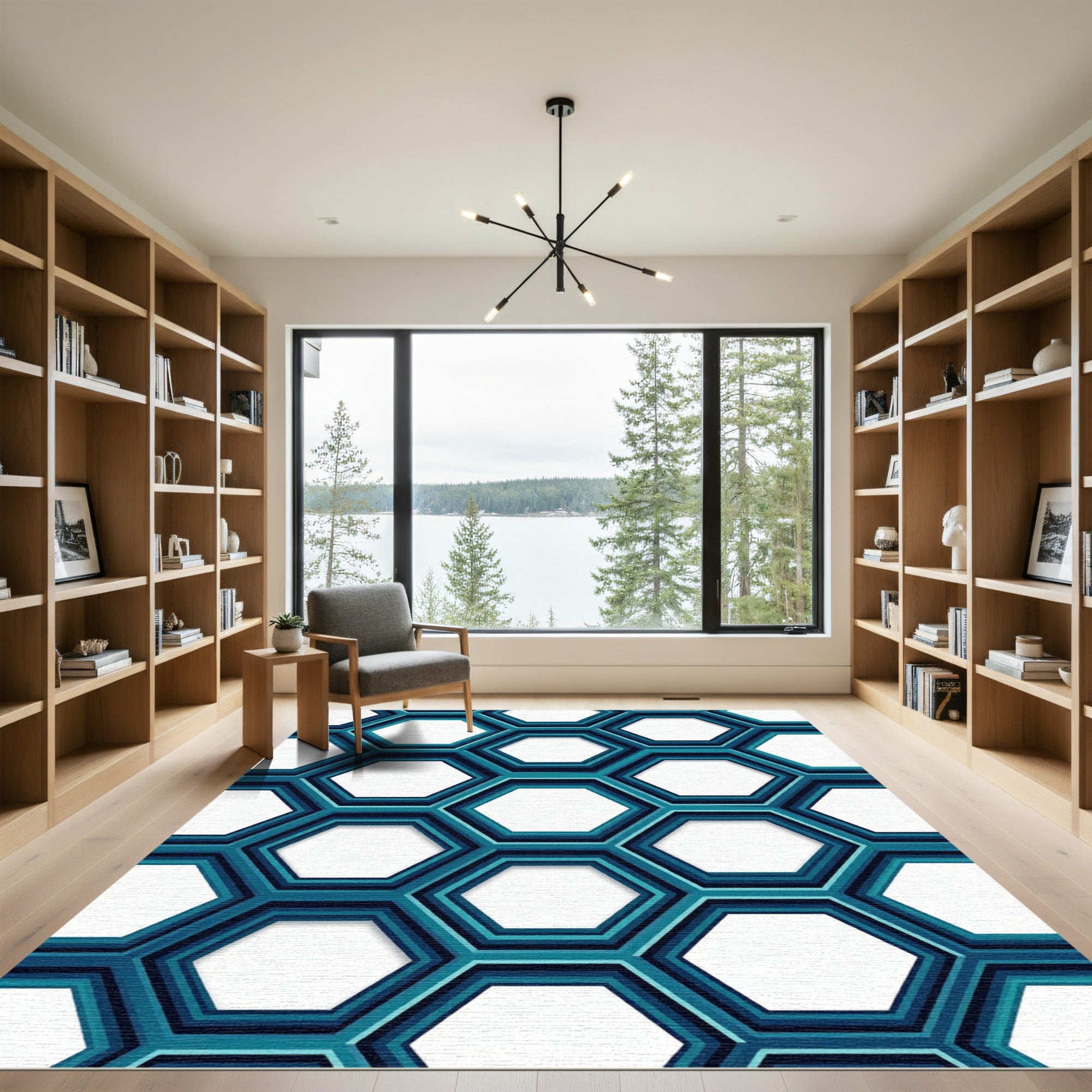 Modern Teal Geometric Hexagon Grid Rug