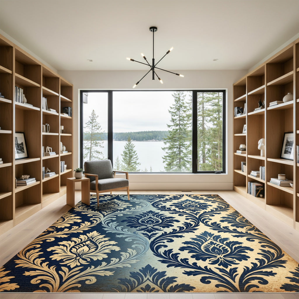 Navy Blue Damask Ornate Scroll Rug